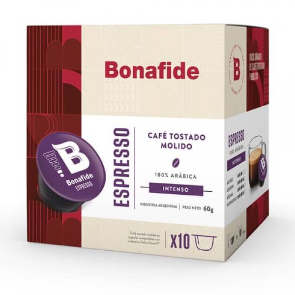 Bonafide Espresso Cafe Tostado Molido Intenso En Capsula x 10 Unidades 60gr