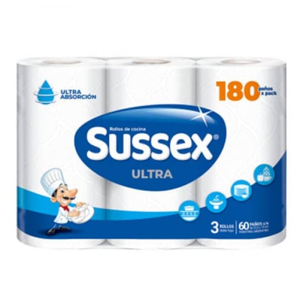 Sussex Ultra Rollos De Cocina 180 Paños x Pack 3 Rolllos