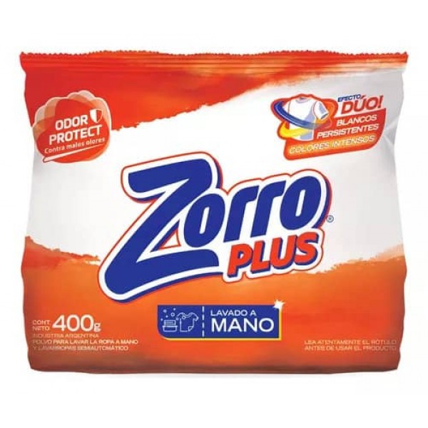 Zorro Plus Polvo Para Lavar La Ropa A Mano Y Lavarropas Semi Automatico 400gr