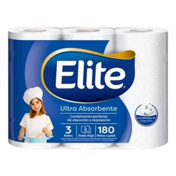 Elite Ultra Absorbente 3 Rollos De Cocina 180 Paños x Pack