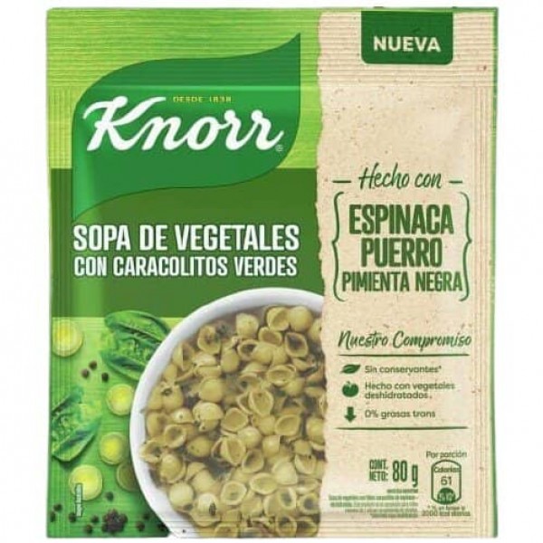 Knorr Quick Sopa Deshidratada de Vegetales con Fideos Caracolitos de Espinaca, Puerro y Pimienta Negra 80gr