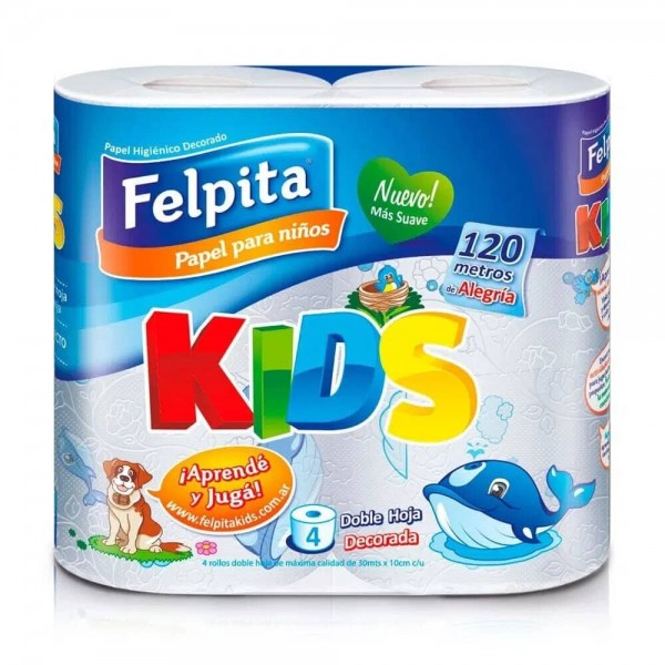 Felpita Kids Papel Higienico 4 Rollos Doble Hoja 120 Paños 30m x 10cm