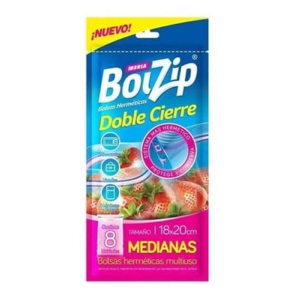 Bolzip Bolsas Herméticas Doble Cierre Medianas 18x20cm 8 Unidades