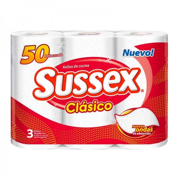 Sussex Clasico Rollos De Cocina Pack x3 Rollos 50 Paños