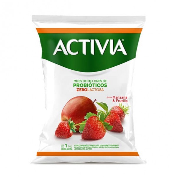 Activia Yogur Con Probioticos Zero Lactosa Sabor Manzana Y Frutilla Sachet 1kg