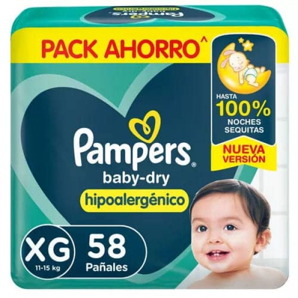 Pampers Baby Dry Pañales Hipoalergenico XG 58 Unidades
